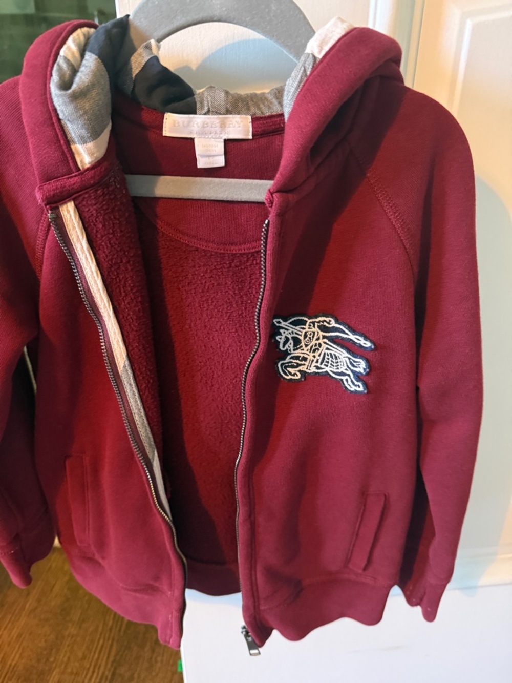Burberry Kids Burgundy Zip-Up Hoodie with Logo Patch